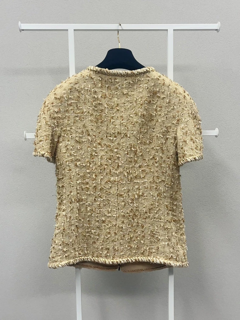 Chanel Gold Tweed Thin Zip-Up Short-Sleeve Jacket