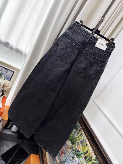 Chanel 26A dark grey wide-leg jeans with large double C logo pockets
