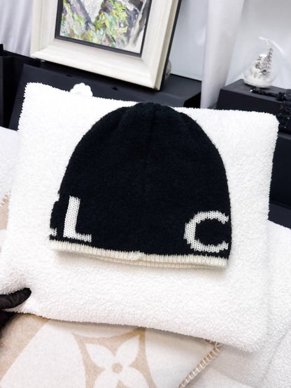 Chanel black and white logo cashmere beanie
