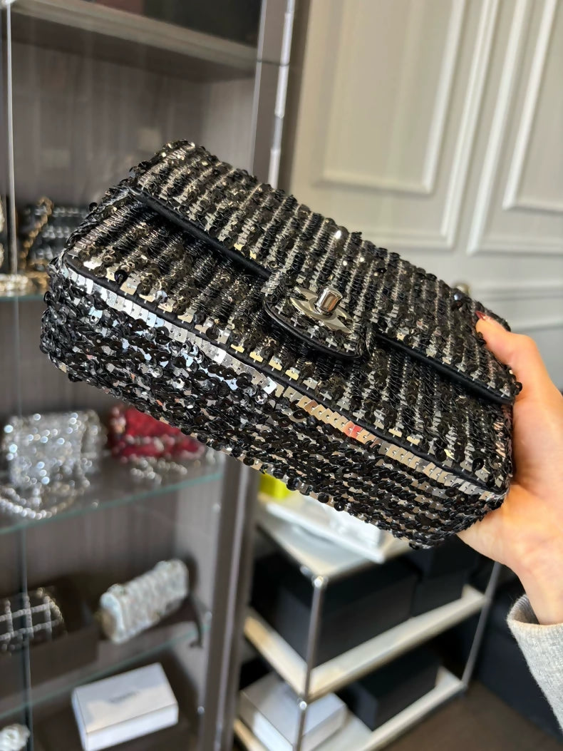Chanel 23P mini CF black and grey sequined bag