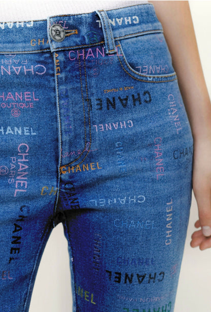 CHANEL 22P Blue & Multicolor Logo Printed Denim Jeans
