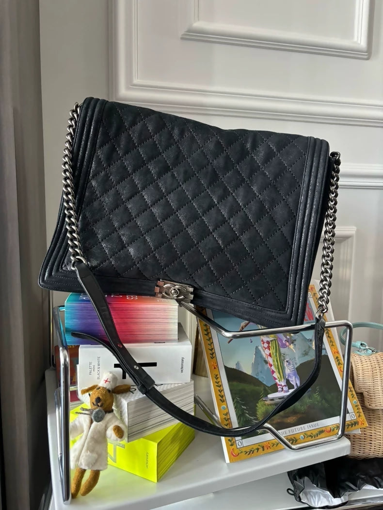 Chanel black matte suede Le Boy XXL