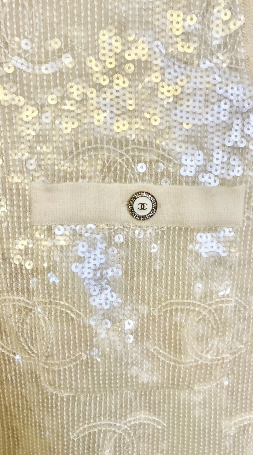 Rare Chanel 22S CC Iridescent Sequin Cream Mini Dress Cardigan Vest FR 40