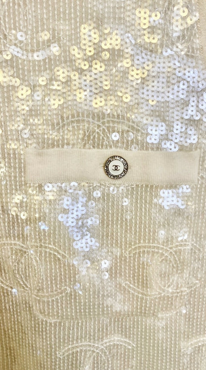 Rare Chanel 22S CC Iridescent Sequin Cream Mini Dress Cardigan Vest FR 40