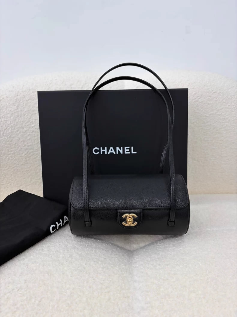 Chanel 26P Black Gold Embossed Calfskin Shoulder Bag