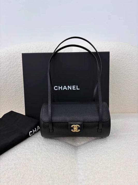 Chanel 26P Black Gold Embossed Calfskin Shoulder Bag