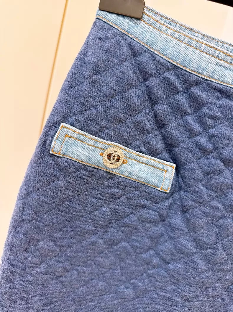 Chanel 20P Rhinestone-Buttoned Diamond Quilted Denim Skirt
