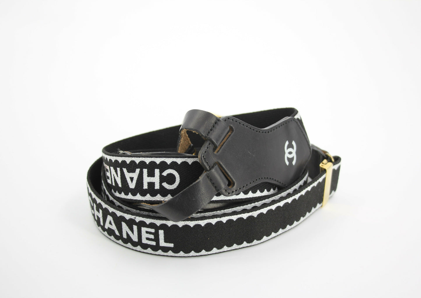Chanel Vintage 94P Leather & Canvas Coco Mark Suspenders in Black with Gold Hardware