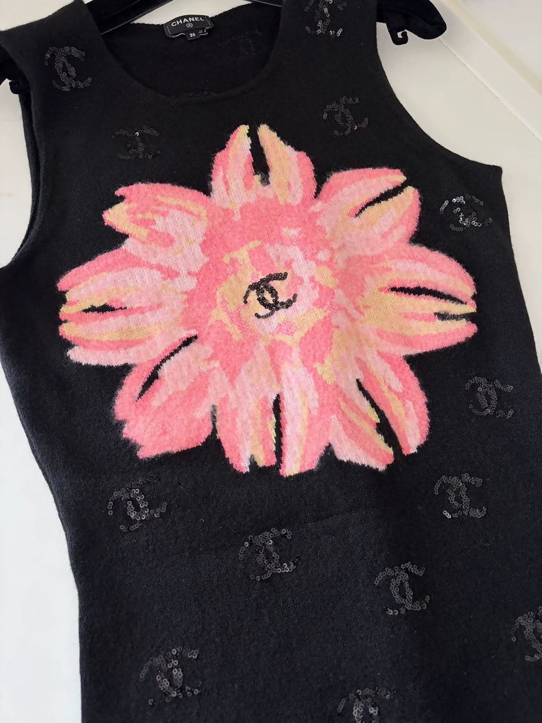 Chanel 24S Pink Camellia Black Knit Dress