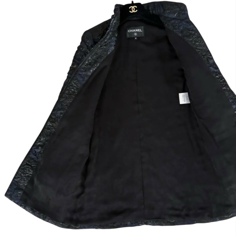Chanel 16A Paris Rome Black Navy Metallic Camellia Jacquard Braid Long Coat Jacket FR 38