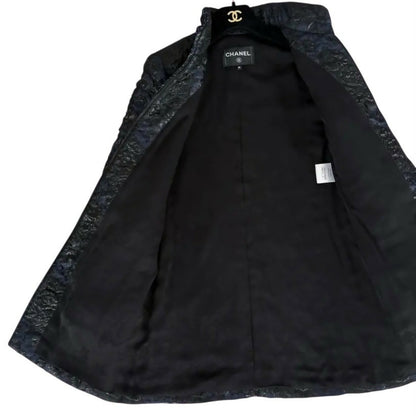 Chanel 16A Paris Rome Black Navy Metallic Camellia Jacquard Braid Long Coat Jacket FR 38
