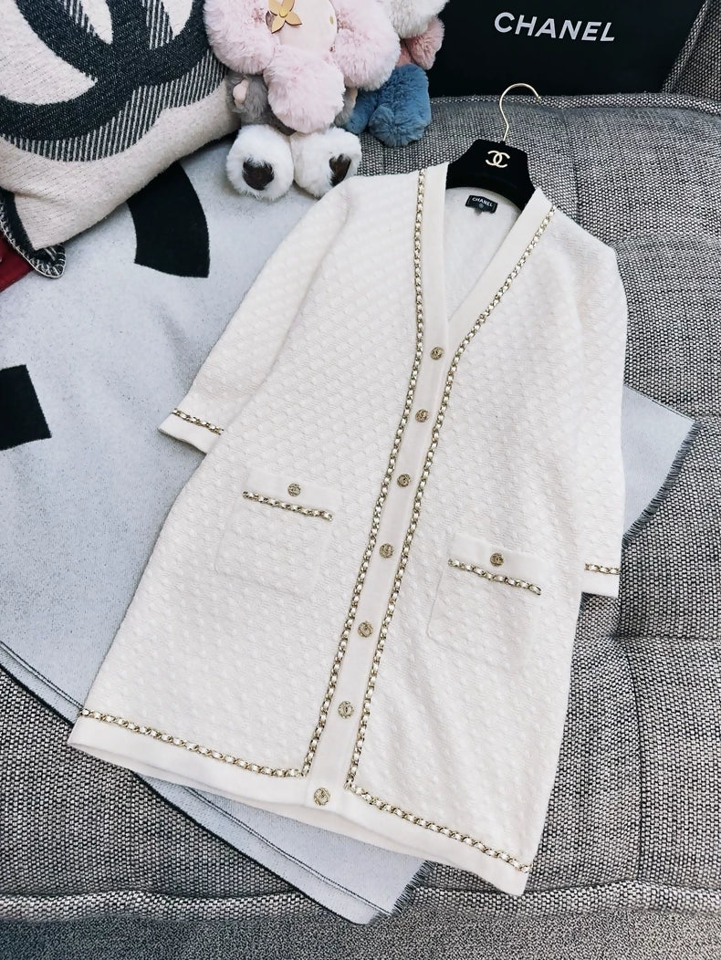 Chanel 23B off-white classic leather cashmere knit cardigan