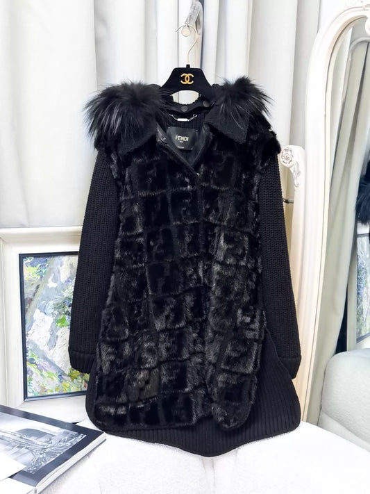 Fendi black fur hooded long winter coat