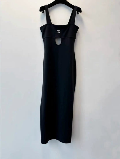 Chanel 98P Black Hollowed-Out Logo Maxi Dress