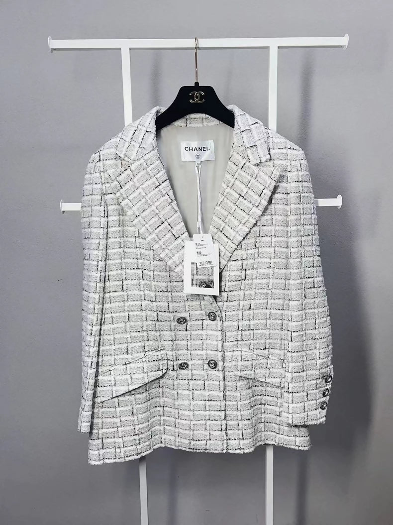 Chanel 22 Early Spring Light Grey Check Tweed Suit Jacket