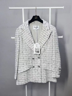 Chanel 22 Early Spring Light Grey Check Tweed Suit Jacket