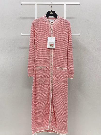 Chanel 21C rose red striped woven long cardigan