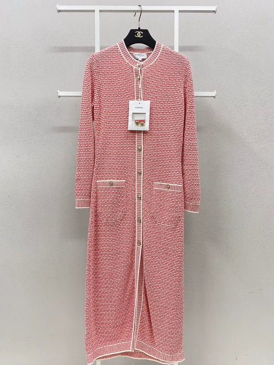 Chanel 21C rose red striped woven long cardigan