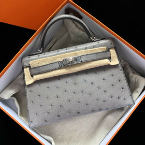 Hermès Mini Kelly 20 Gris Asphalte Ostrich with Palladium Hardware