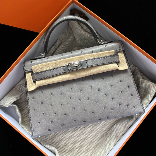 Hermès Mini Kelly 20 Gris Asphalte Ostrich with Palladium Hardware