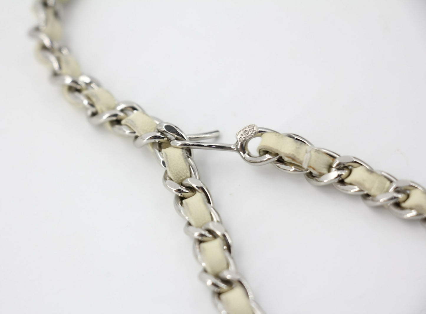 Chanel A12C Leather with Metal Beige White and Silver Waist Chain L95