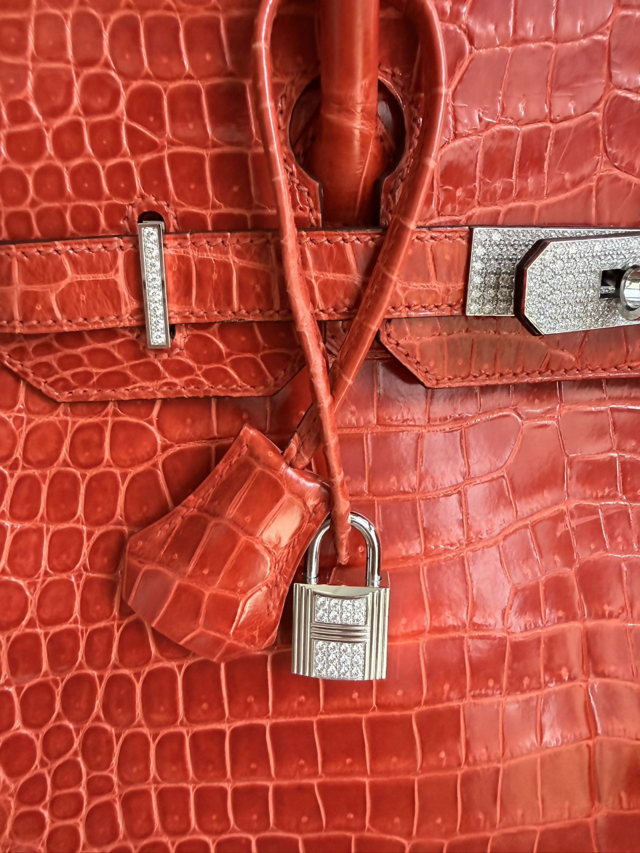 Hermes Birkin 35 Braise shiny croc white gold diamond hardware