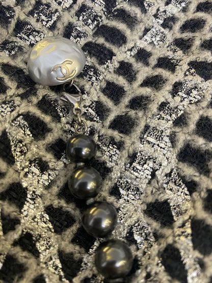 Chanel 12P Double Breasted Silver Metallic Graffiti Black Removable Pearls Jacket FR 36