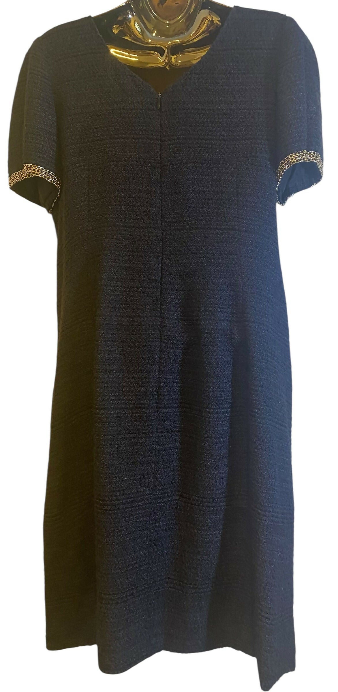 CHANEL 08P RUNWAY BLACK TWEED DRESS GOLD CC LOGO CHAINS FR 50