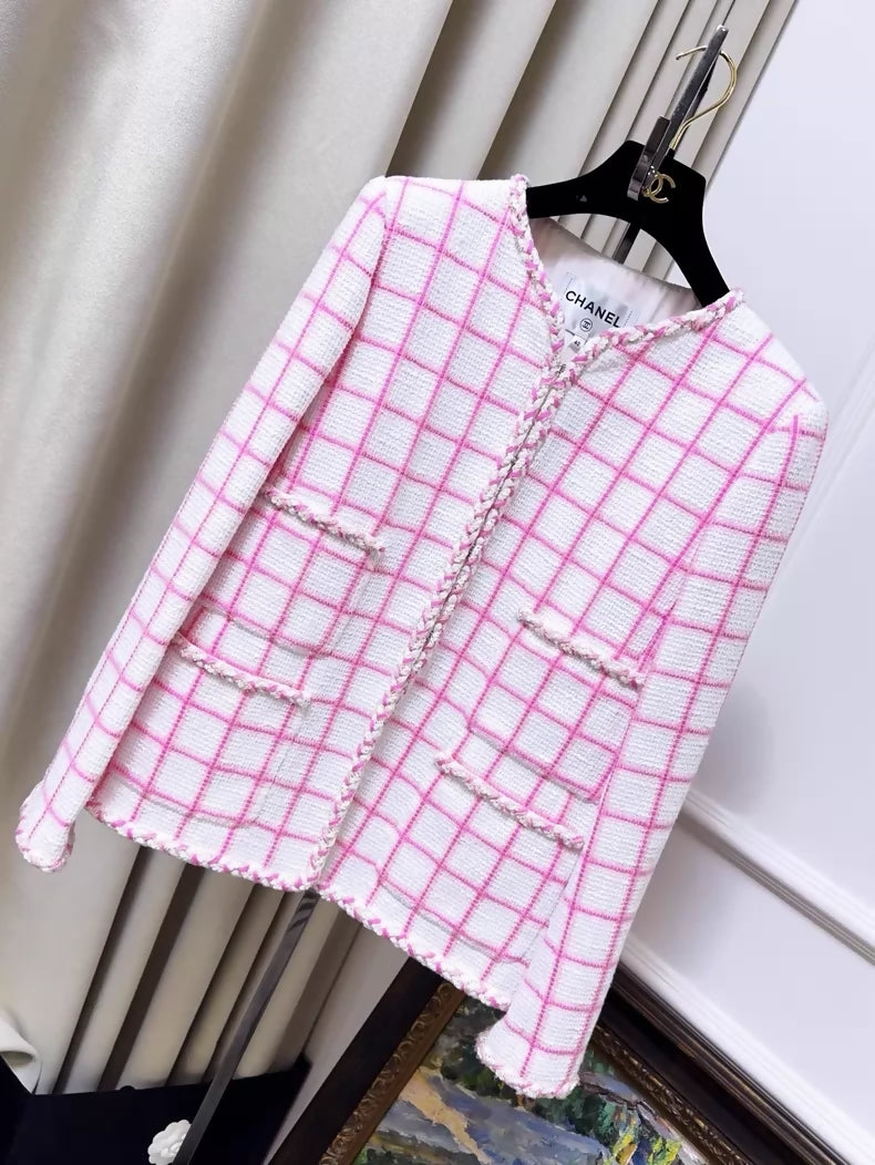 Chanel 23c Pink white Check tweed Jacket