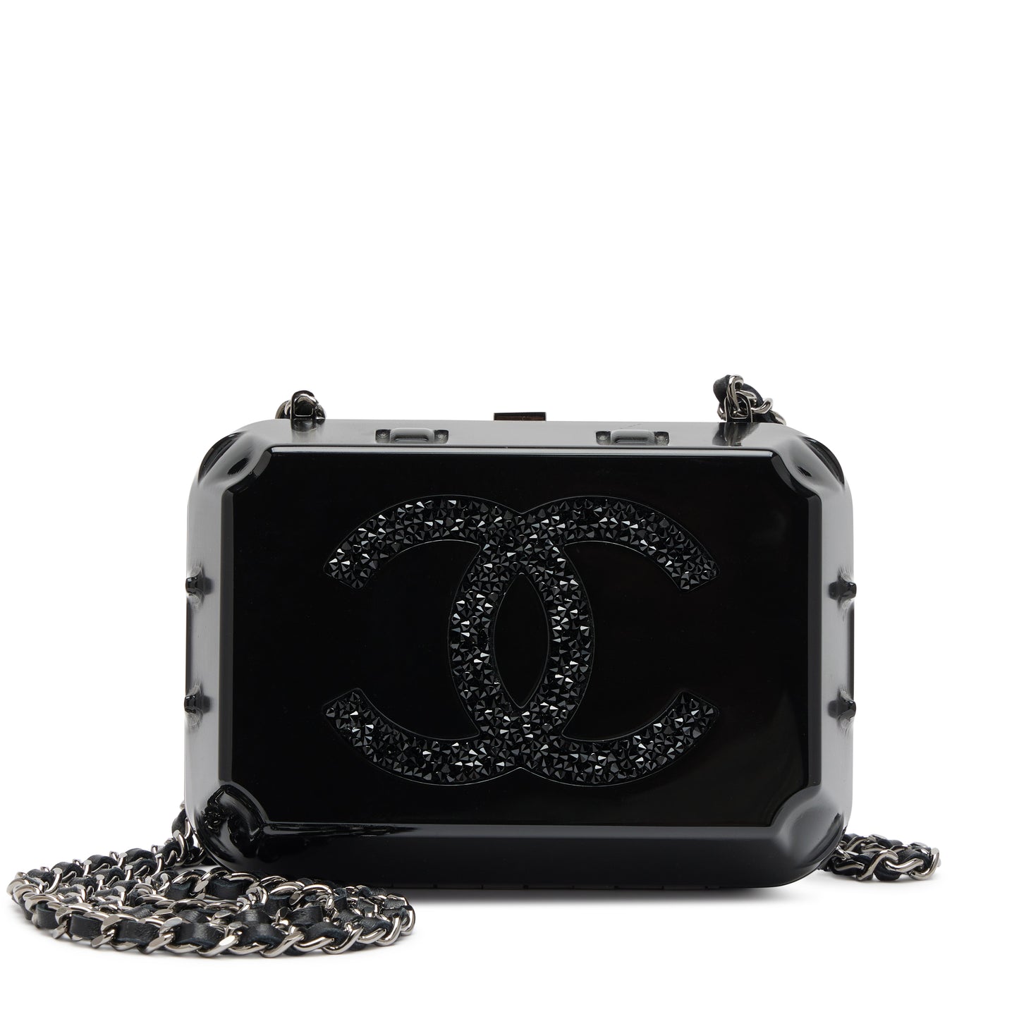 Chanel 2014 Black Plexiglass Supermarket Egg Carton Minaudière Strass CC Jewelry Box Clutch Silver Hardware
