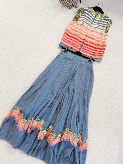 Chanel 2014 Paris Dallas runway Pink Blue silk top and skirt