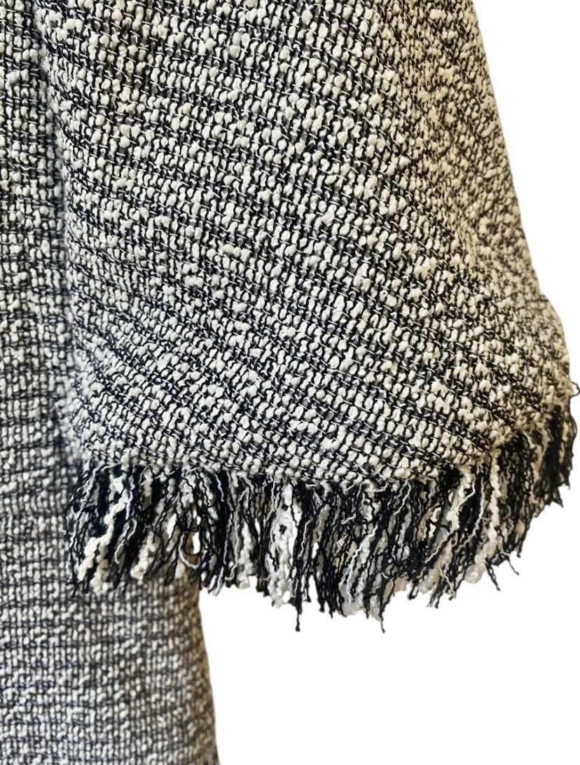 Chanel 18P Black White Ecru Boucle Tweed Fringe Jacket FR 44