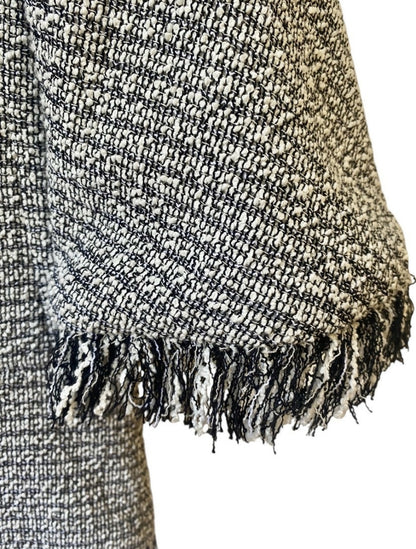 Chanel 18P Black White Ecru Boucle Tweed Fringe Jacket FR 44