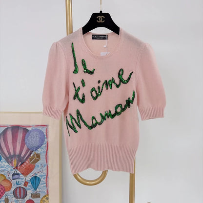 Dolce & Gabbana Letter Sequin Pink Knit Sweater
