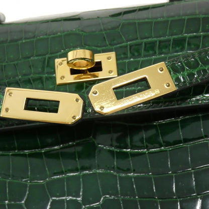 Rare Vintage Hermes Mini kelly 20 Green Emerald Shiny Crocodile leather gold hardware