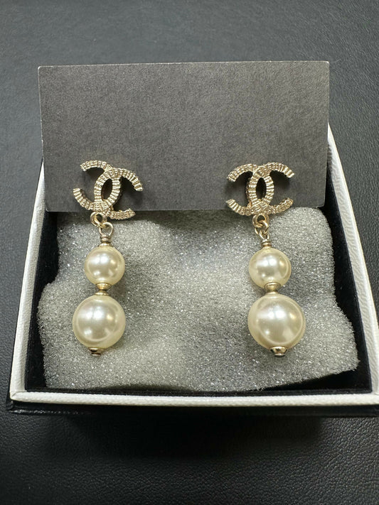 Chanel Vintage 2006 Imitation Pearl & Metal CC Motif Pendant Earrings