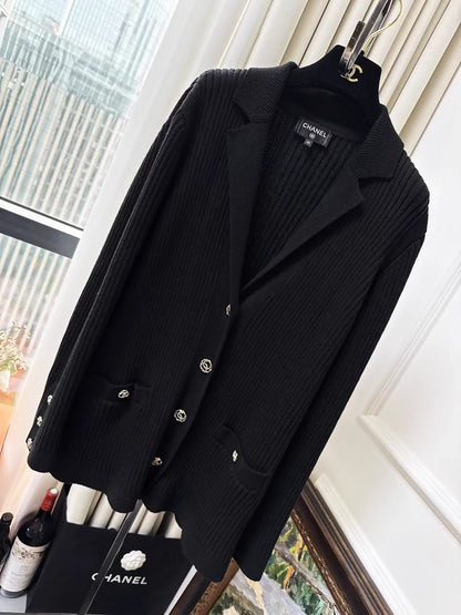 Chanel 20P black double C gold button knit cardigan