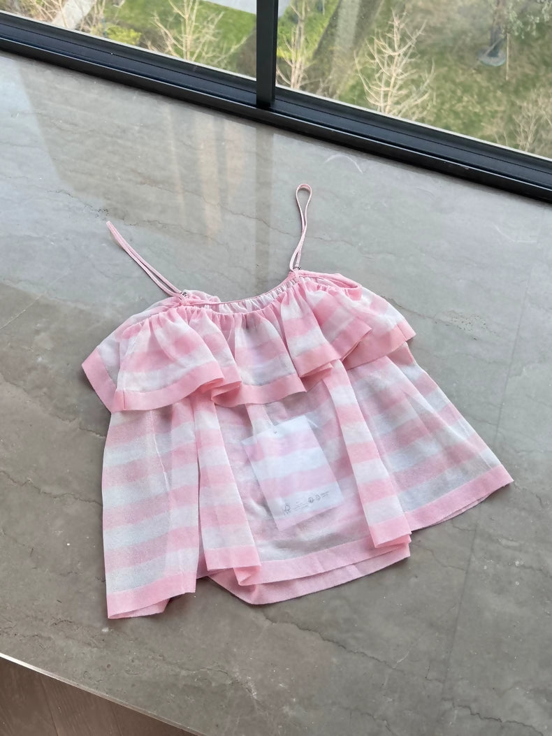 Chanel 24s Pink Striped Ruffle top