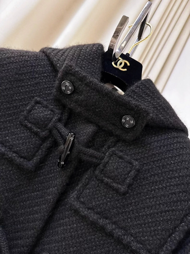 Chanel 21B black tweed hooded long coat with fine shimmer