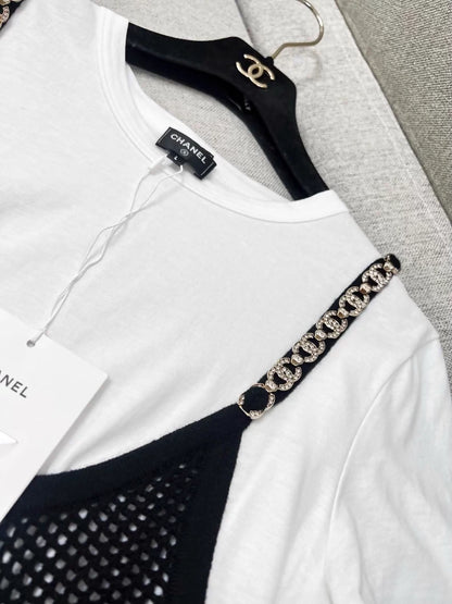 Chanel 22c black & white double C rhinestone chain top