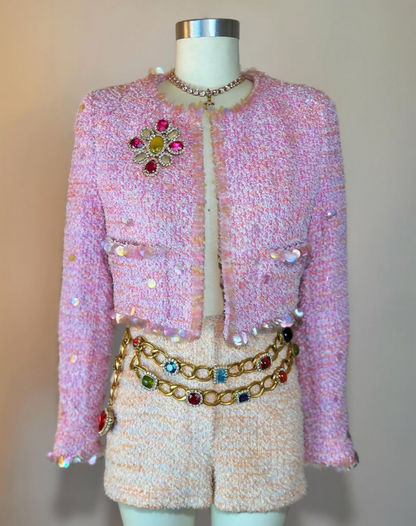 Chanel Vintage 1995P Barbie Collection Runway Pink Sequin Barbie Cropped Jacket