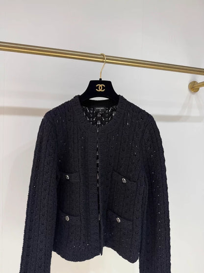 Chanel 24P Black Embossed Floral Knit Cardigan