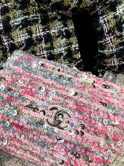 Chanel 23c peach pink sequined mini crossbody bag