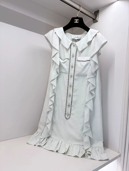 Chanel 23S Mint Green Silk Ruffled Dress