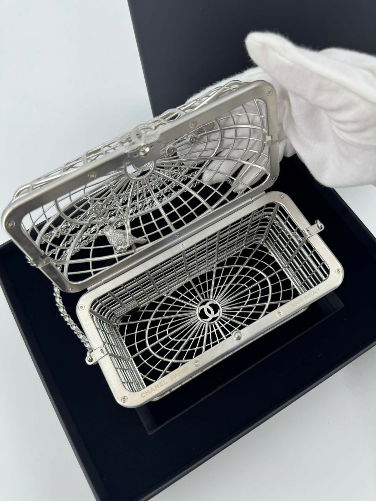 Chanel 2025 Rhinestone and Metal Embellishments Sliver Birdcage Minaudière Bag