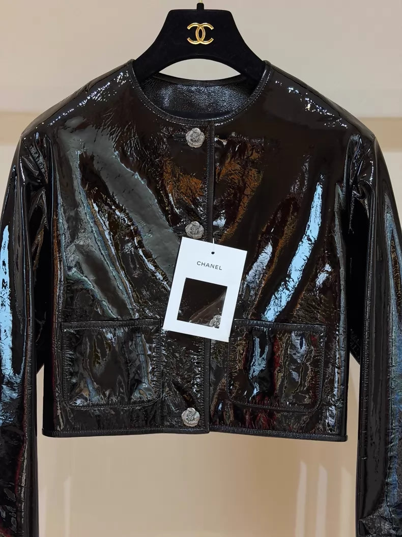 Chanel 23K Black Patent Leather Camellia Button Short Jacket