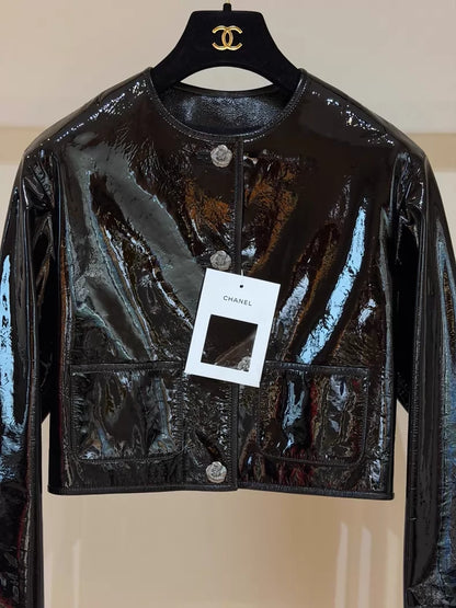 Chanel 23K Black Patent Leather Camellia Button Short Jacket