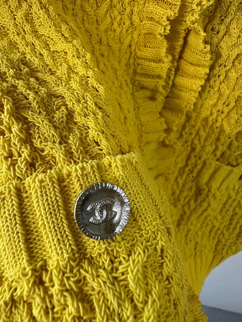Chanel 25C Yellow Openwork Knit Cardigan Vest