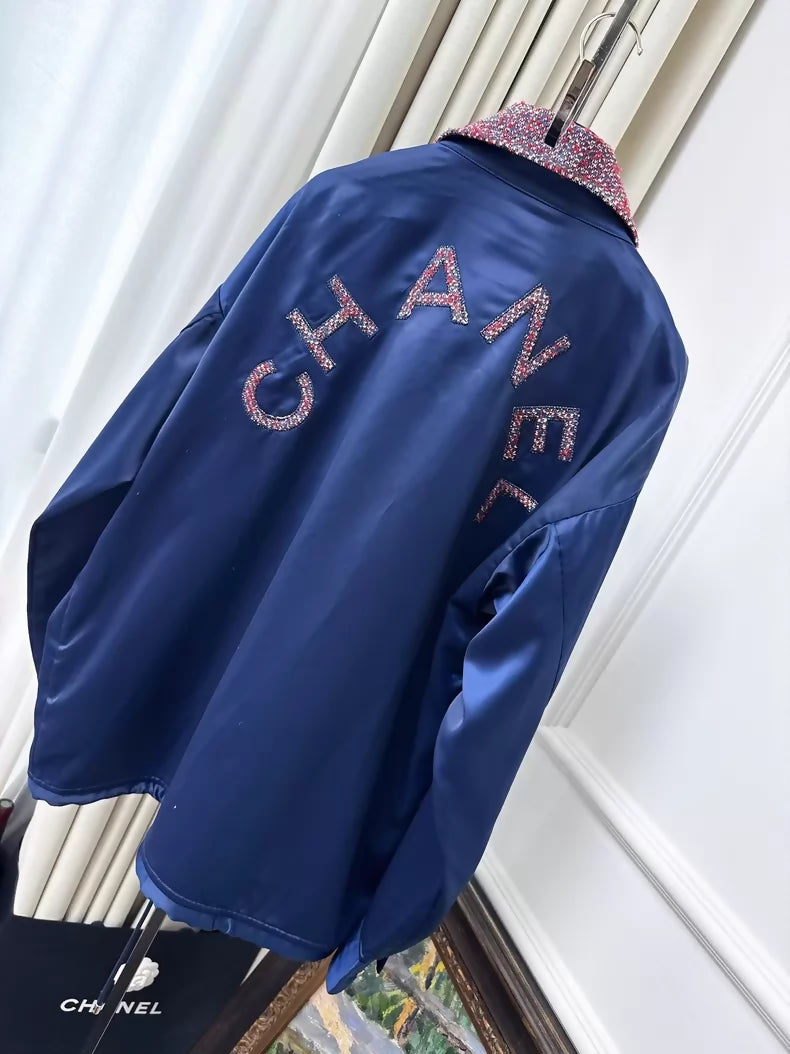 Chanel 16P navy blue satin jacket with burgundy tweed pockets