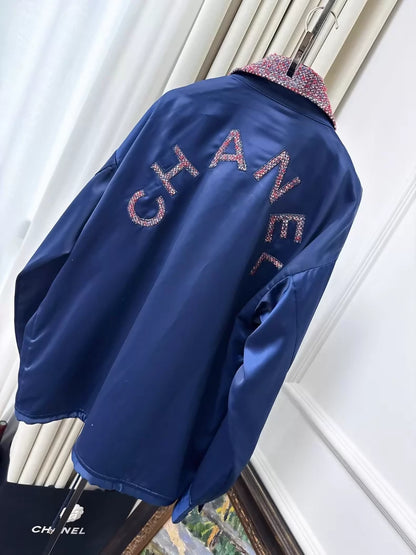 Chanel 16P navy blue satin jacket with burgundy tweed pockets